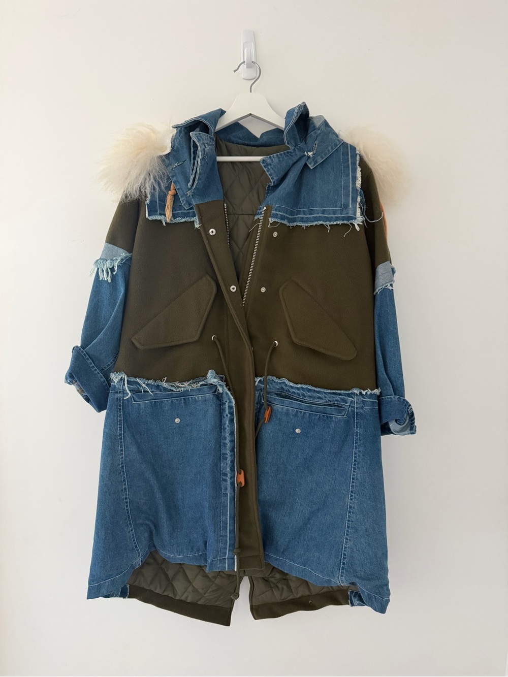 Olive Green and Denim Utility Parka with Fur-Trim Hood